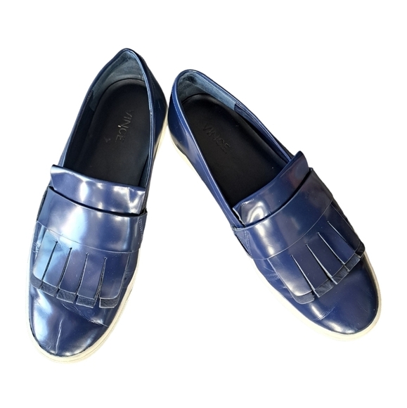 VINCE blue Patent Leather COVENTRY Slip On KILTIE Fringe Loafers Shoes ladies 8 - Picture 2 of 12